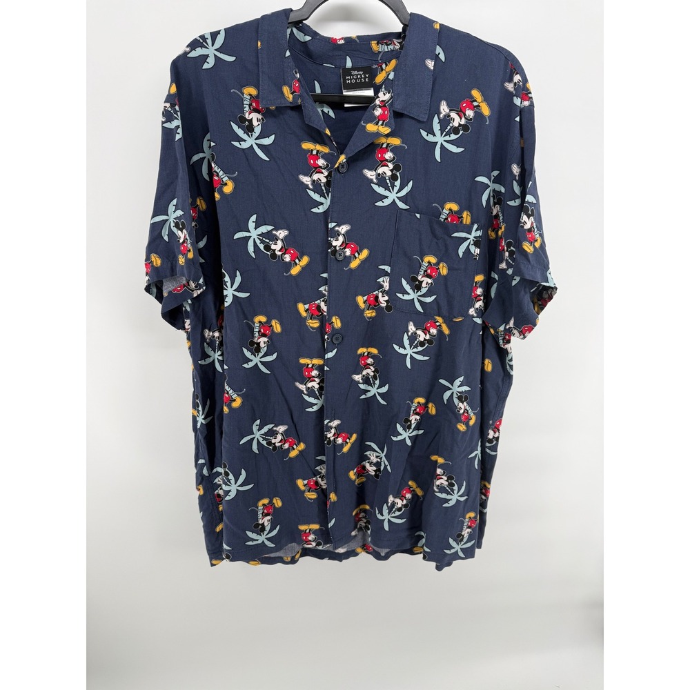 Disney Mickey Mouse Mens XXL Navy Blue Tropical Palm Tree Button Down Shirt
